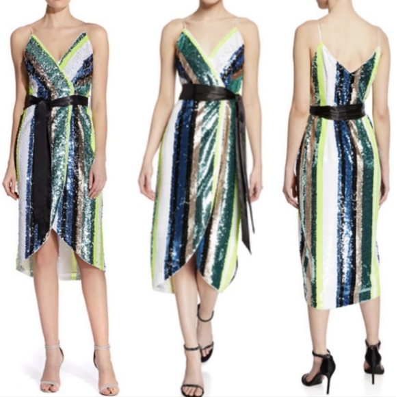 Aidan Mattox Sequin Striped Midi Wrap Dress Sz 6 - Picture 1 of 7